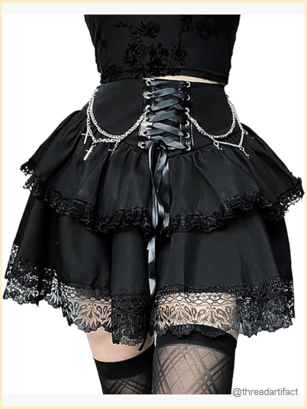 Mini Gothic Skirt Tie Waist Lace Up Double Layered Ruffles Y2k Skirt Set with